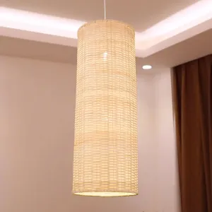 1-Head Bamboo Rattan Hanging Pendant Light - Minimalist Column Design in Beige for Living Room Ceiling