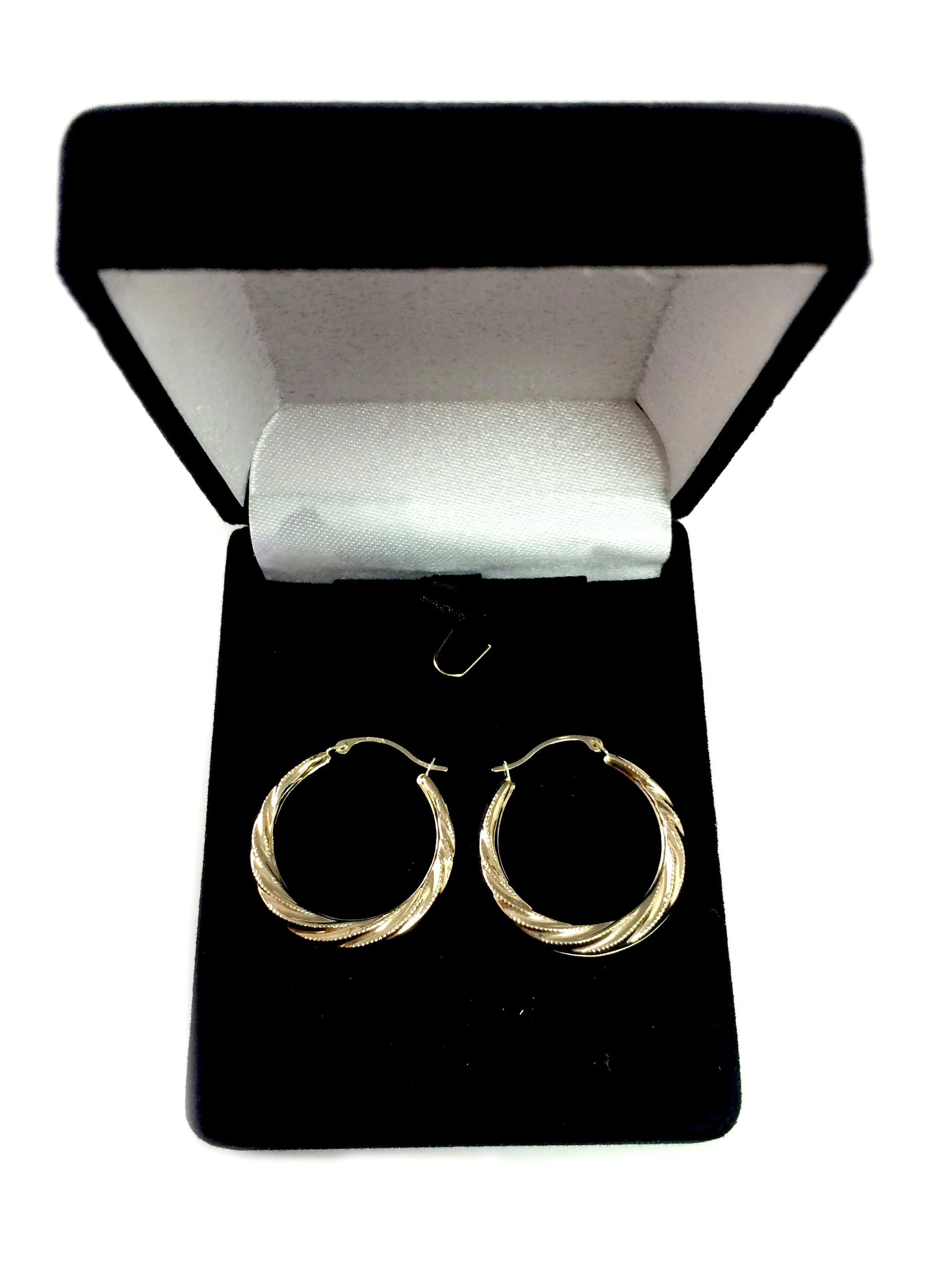 10k Yellow Gold Swirl Texture Round Hoop Earrings, Diameter 25mm