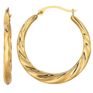 10k Yellow Gold Swirl Texture Round Hoop Earrings, Diameter 25mm