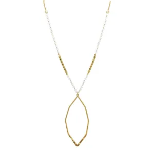 14k Gold Plated Chain and White Beaded Octagon Pendant Necklace