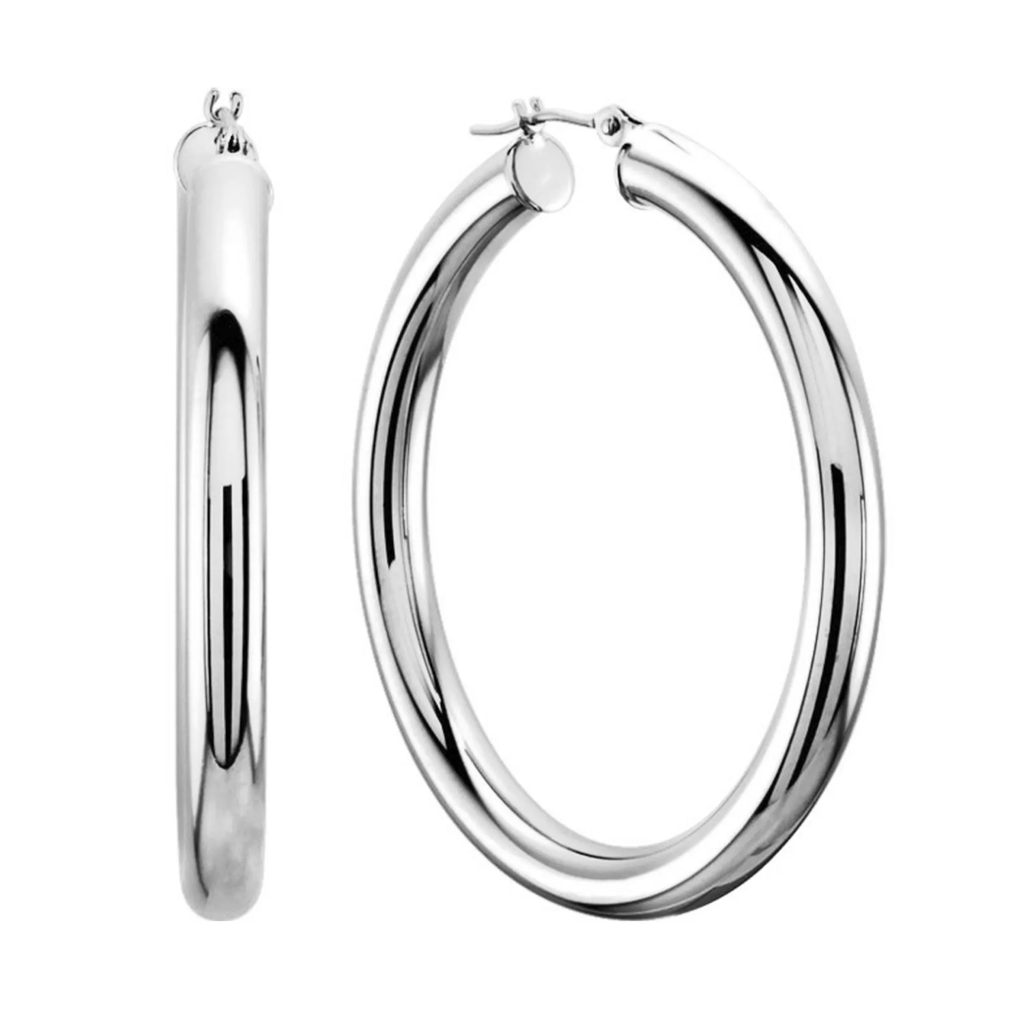 14K White Gold 4MM Shiny Round Tube Hoop Earrings