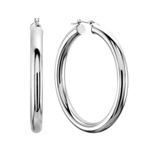 14K White Gold 4MM Shiny Round Tube Hoop Earrings