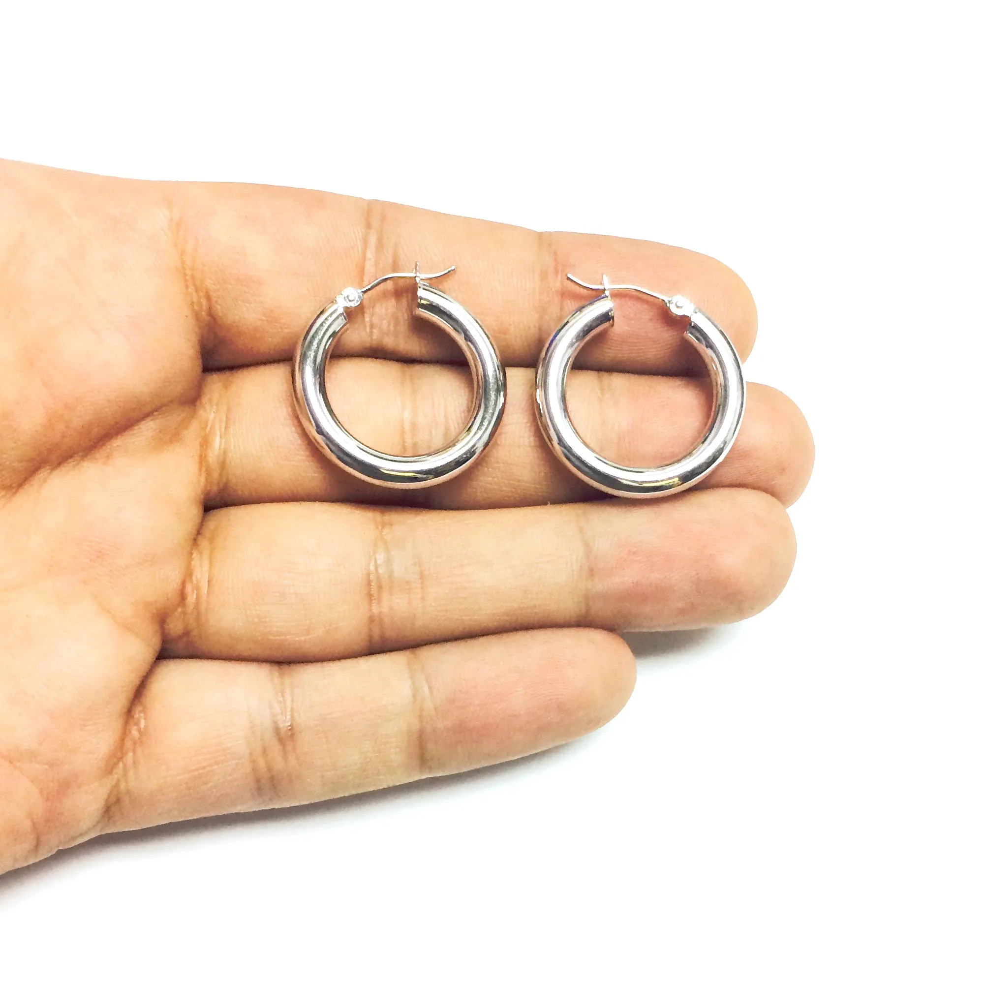 14K White Gold 4MM Shiny Round Tube Hoop Earrings