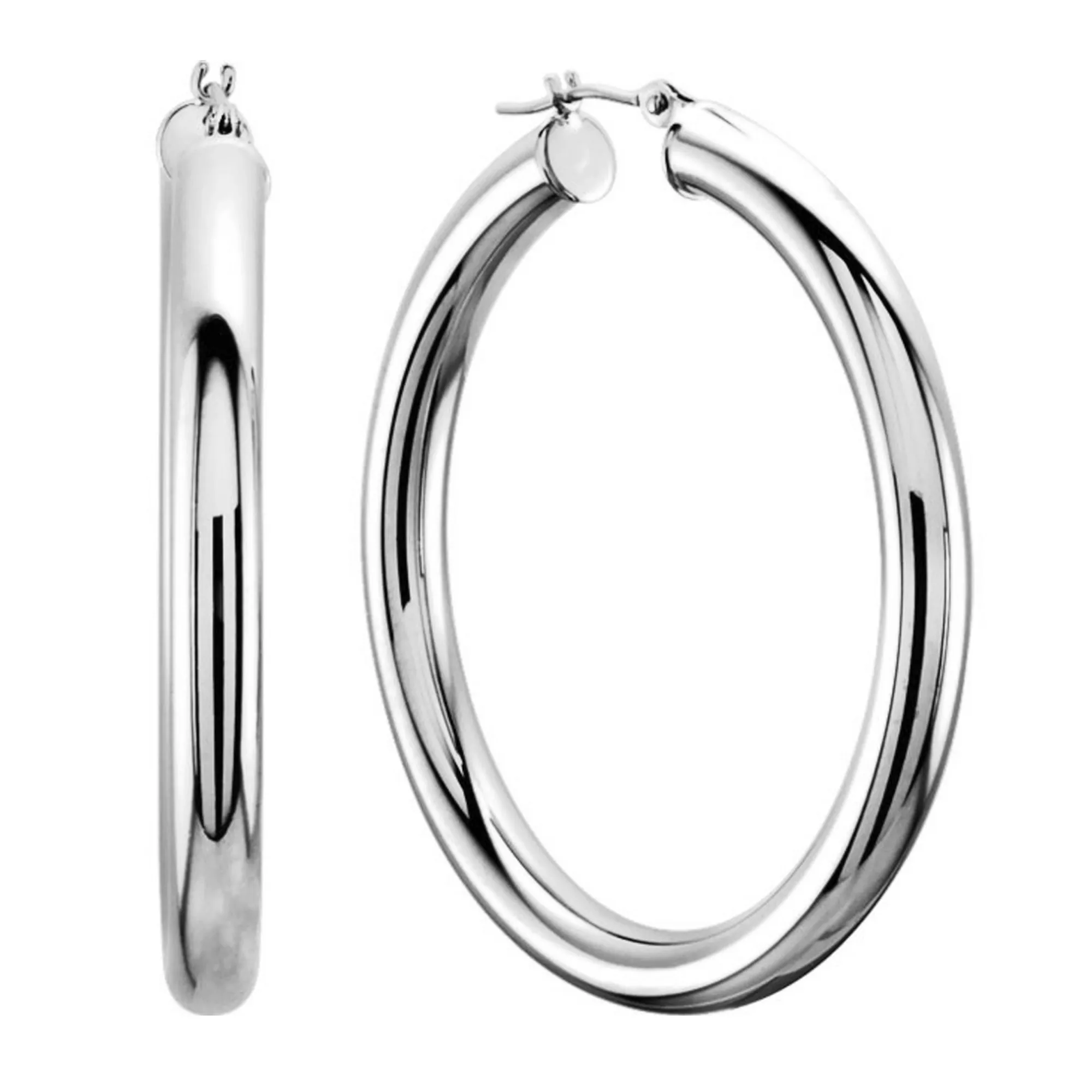 14K White Gold 4MM Shiny Round Tube Hoop Earrings