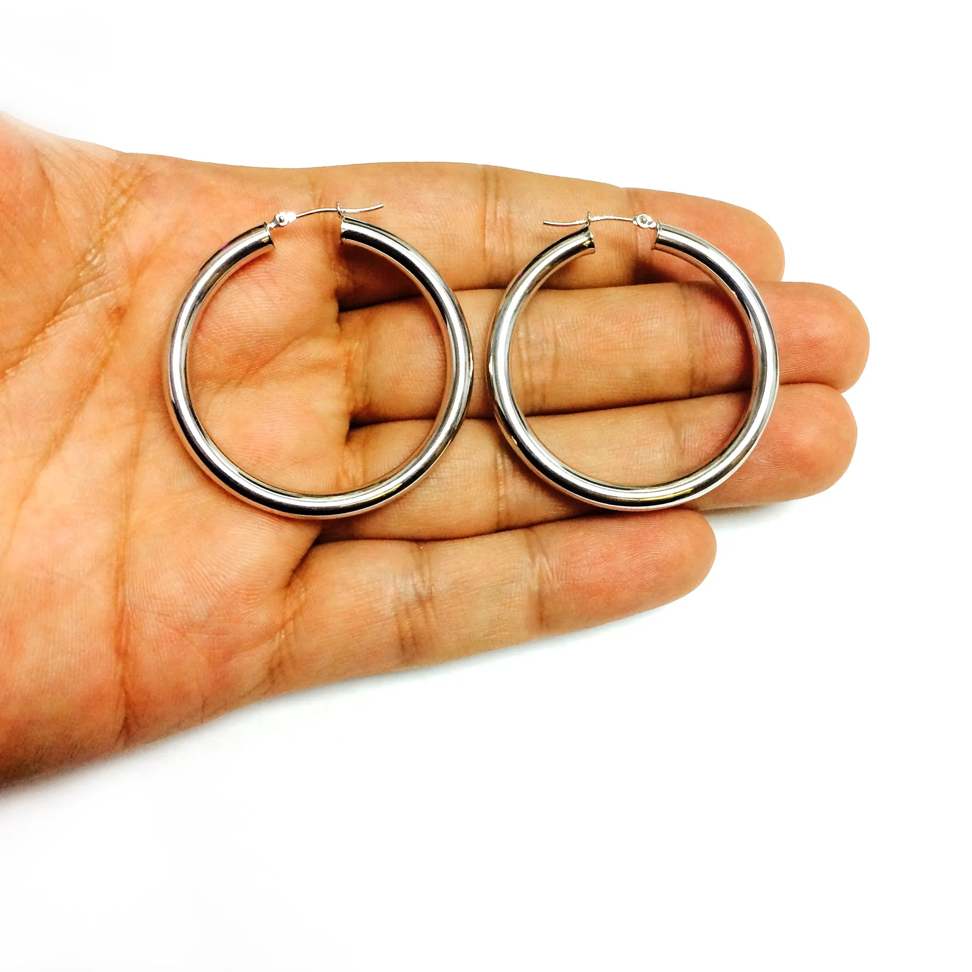 14K White Gold 4MM Shiny Round Tube Hoop Earrings