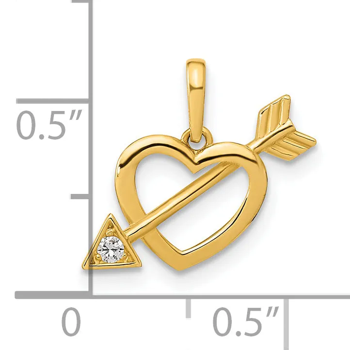 14k Yellow Gold Polished Cut out Heart with Arrow C.Z Pendant