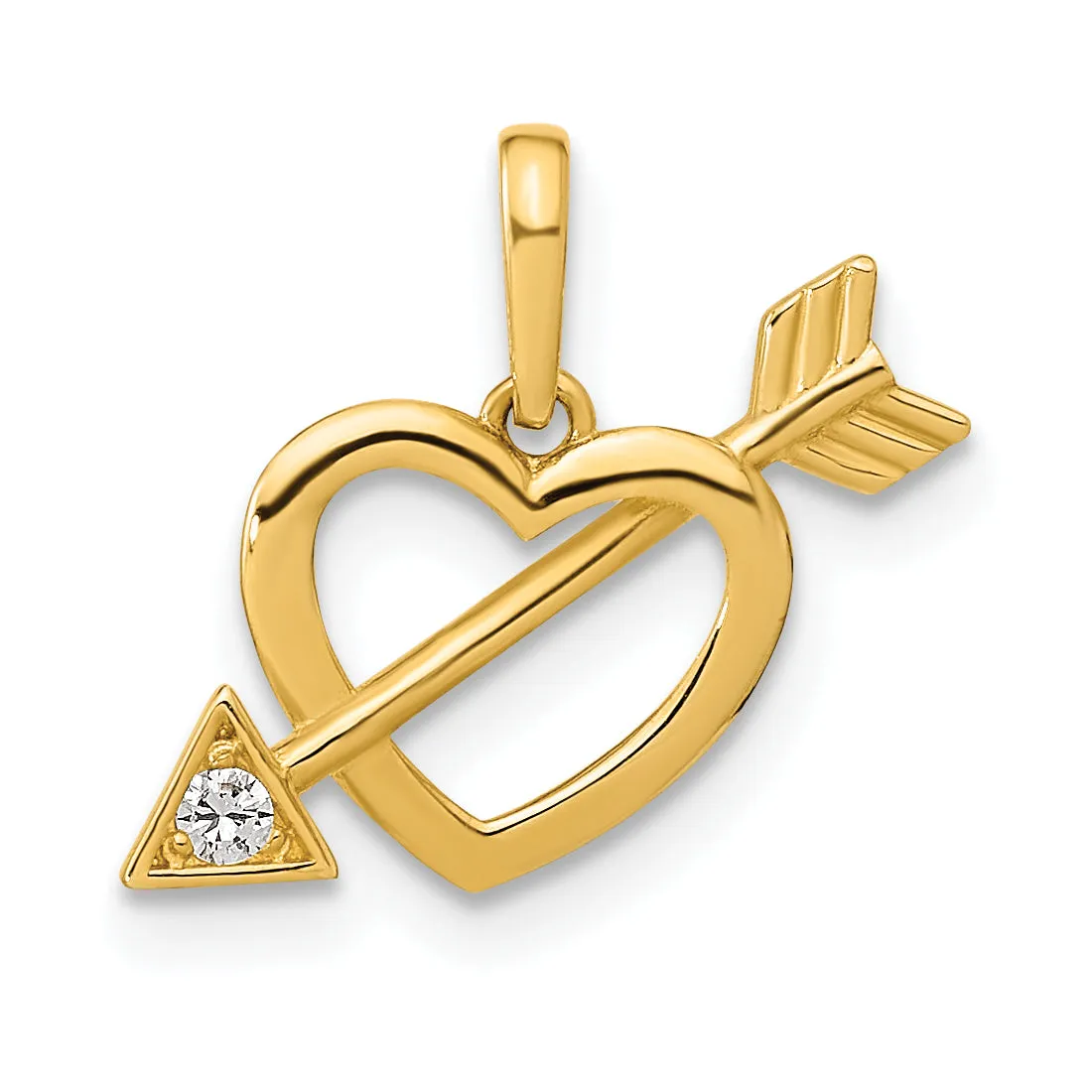 14k Yellow Gold Polished Cut out Heart with Arrow C.Z Pendant