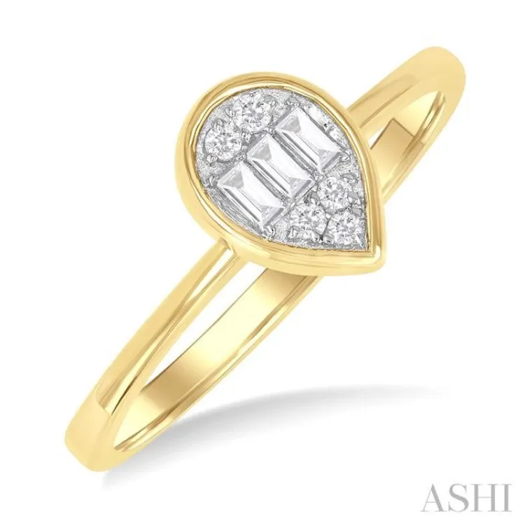 1/6 Ctw Petite Bezel Set Pear Shape Fusion Baguette and Round Cut Diamond Fashion Ring in 10K Yellow Gold