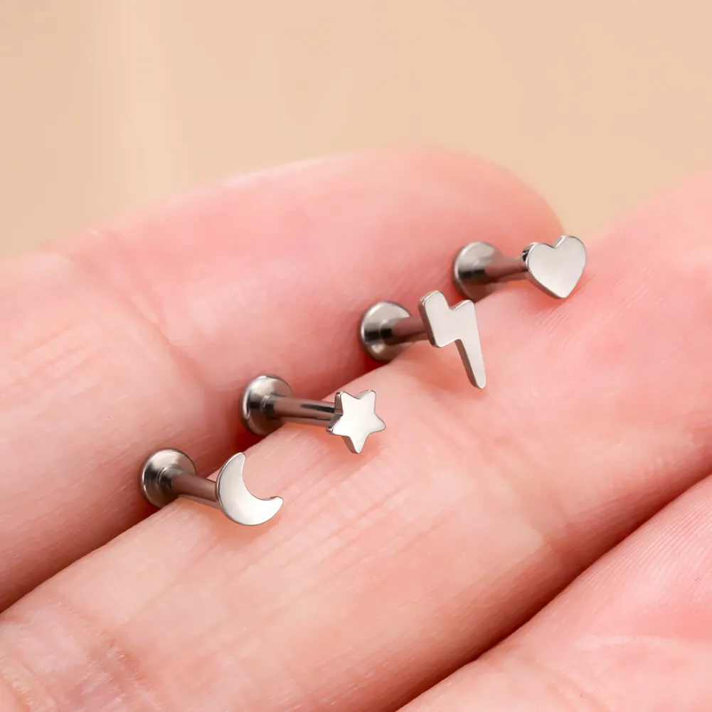 16G Titanium Internally Threaded Lightning Bolt/Moon/Heart/Star Cute Cartilage Earring