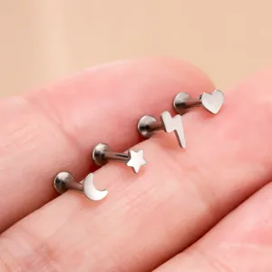 16G Titanium Internally Threaded Lightning Bolt/Moon/Heart/Star Cute Cartilage Earring