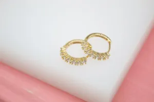 18K Gold Filled Huggies Earrings With Slim Long Round CZ Cubic Zirconia Stones