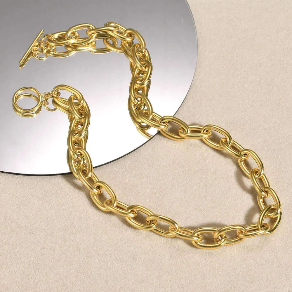 18K Gold Plated No-tarnish Medical Grade Titanium Metallic Style Chain Necklace & Bracelet