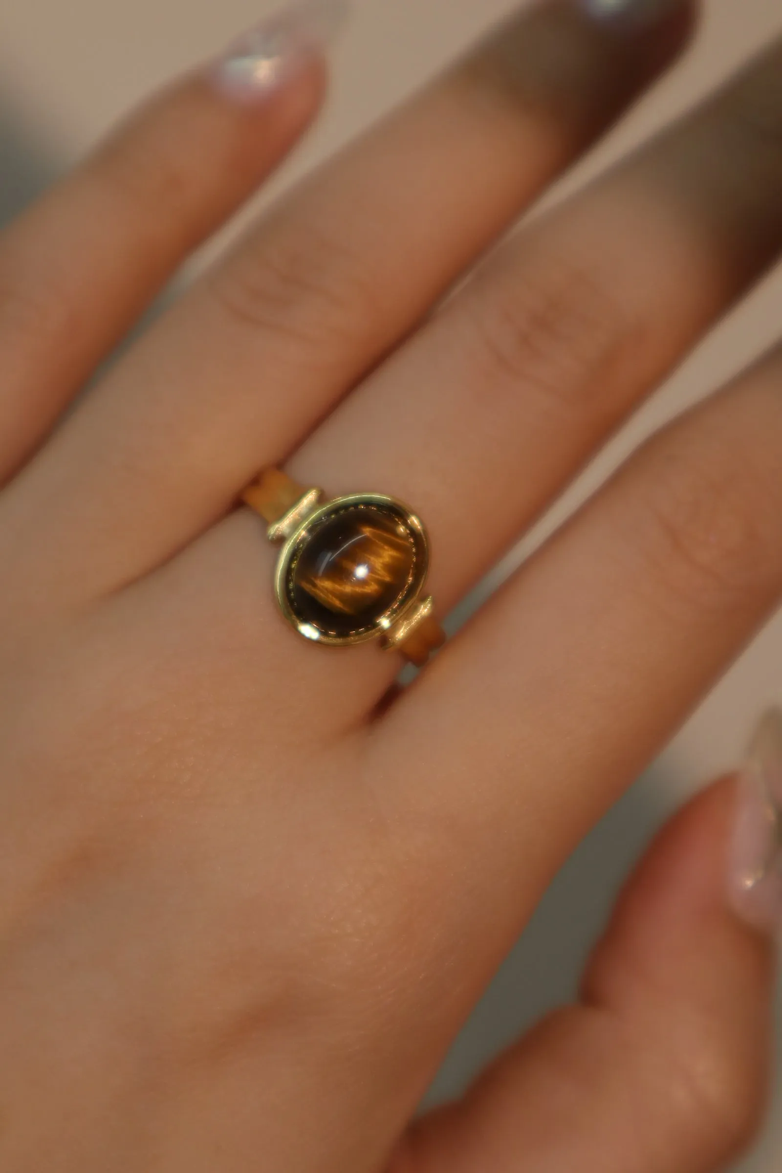 18K Real Gold Stainless Steel Tigerite Brown Gem Ring