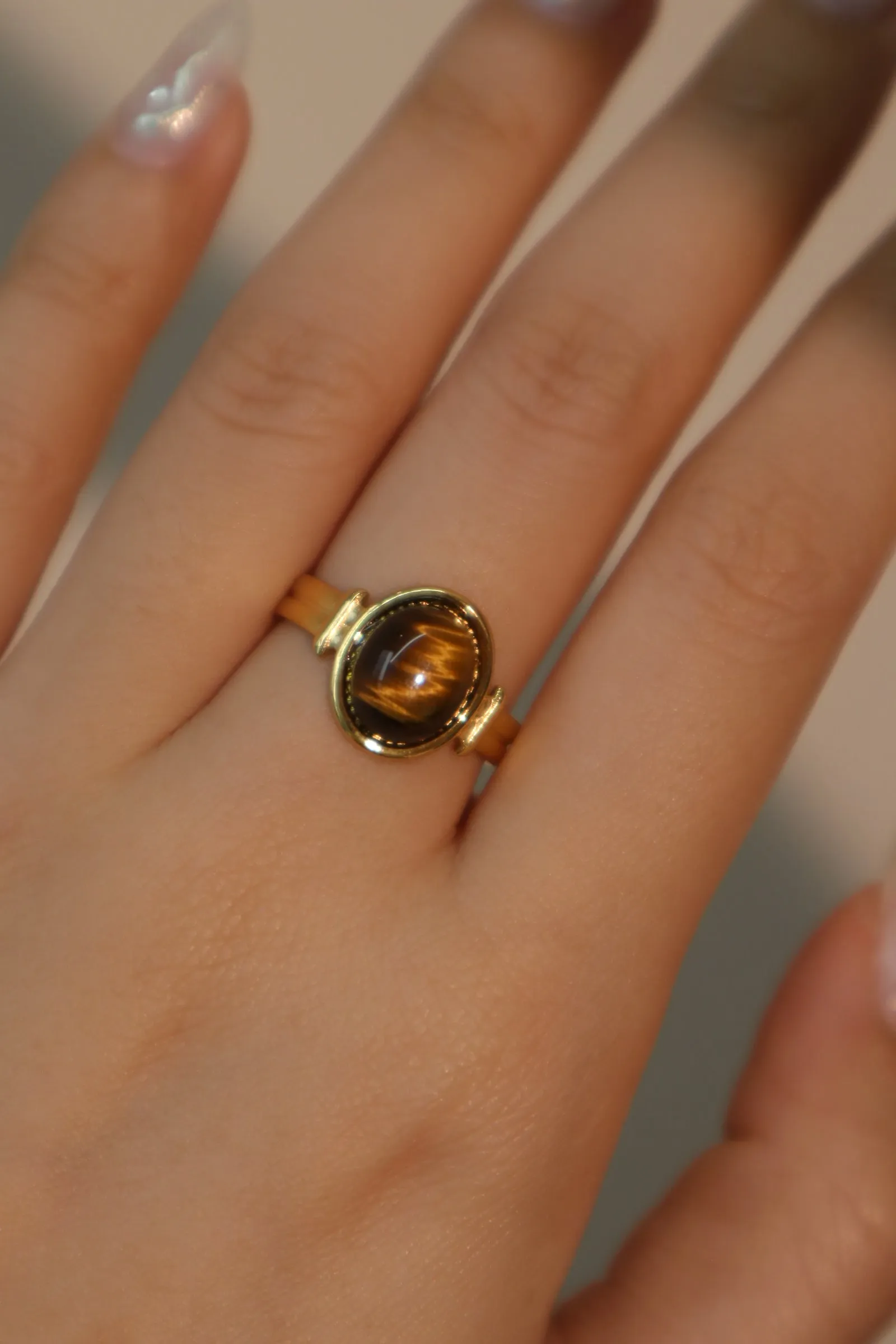 18K Real Gold Stainless Steel Tigerite Brown Gem Ring