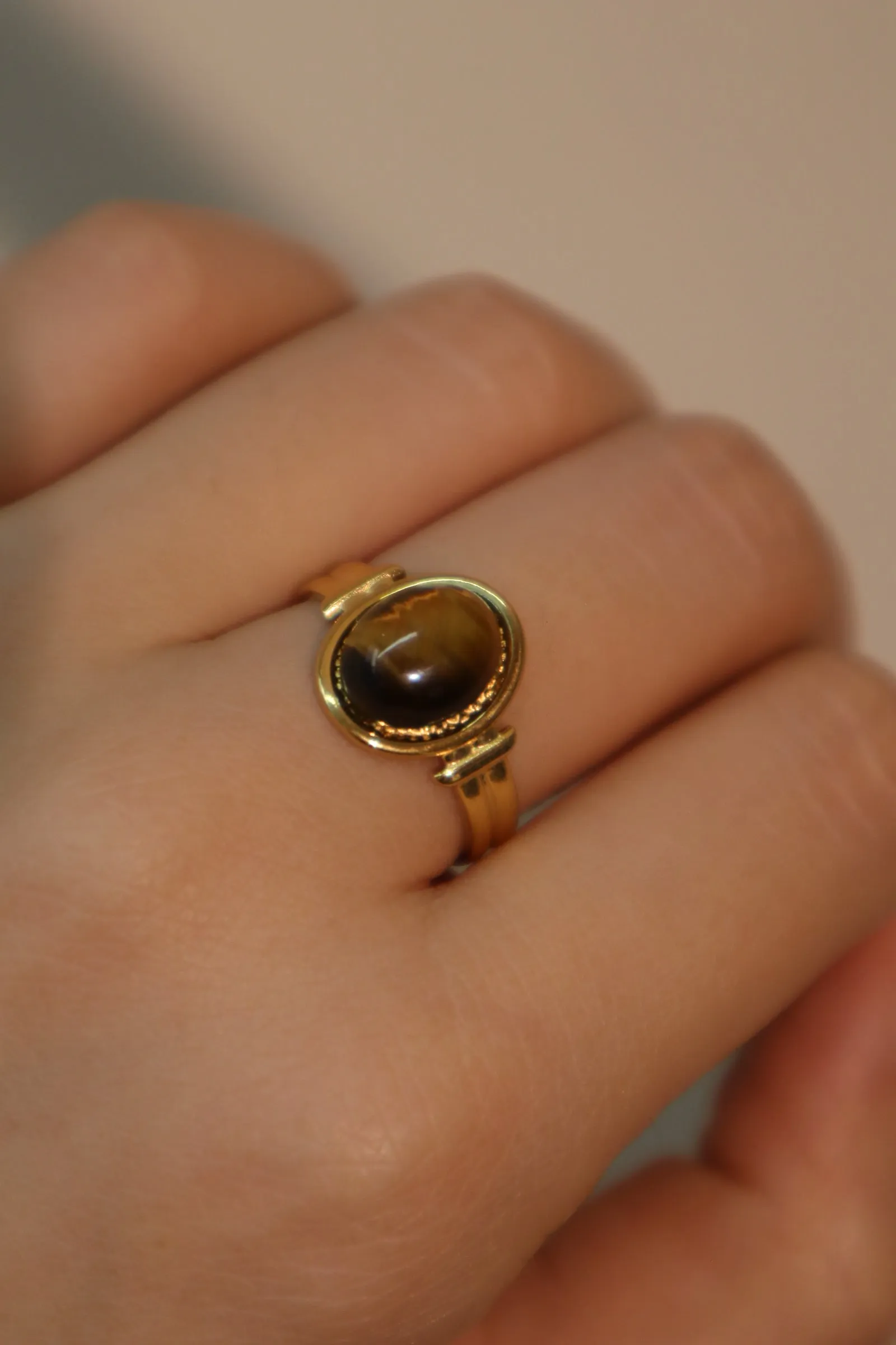 18K Real Gold Stainless Steel Tigerite Brown Gem Ring