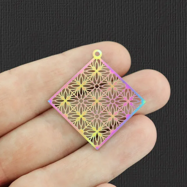 2 Lace Rhombus Rainbow Electroplated Stainless Steel Charms 2 Sided - SSP246