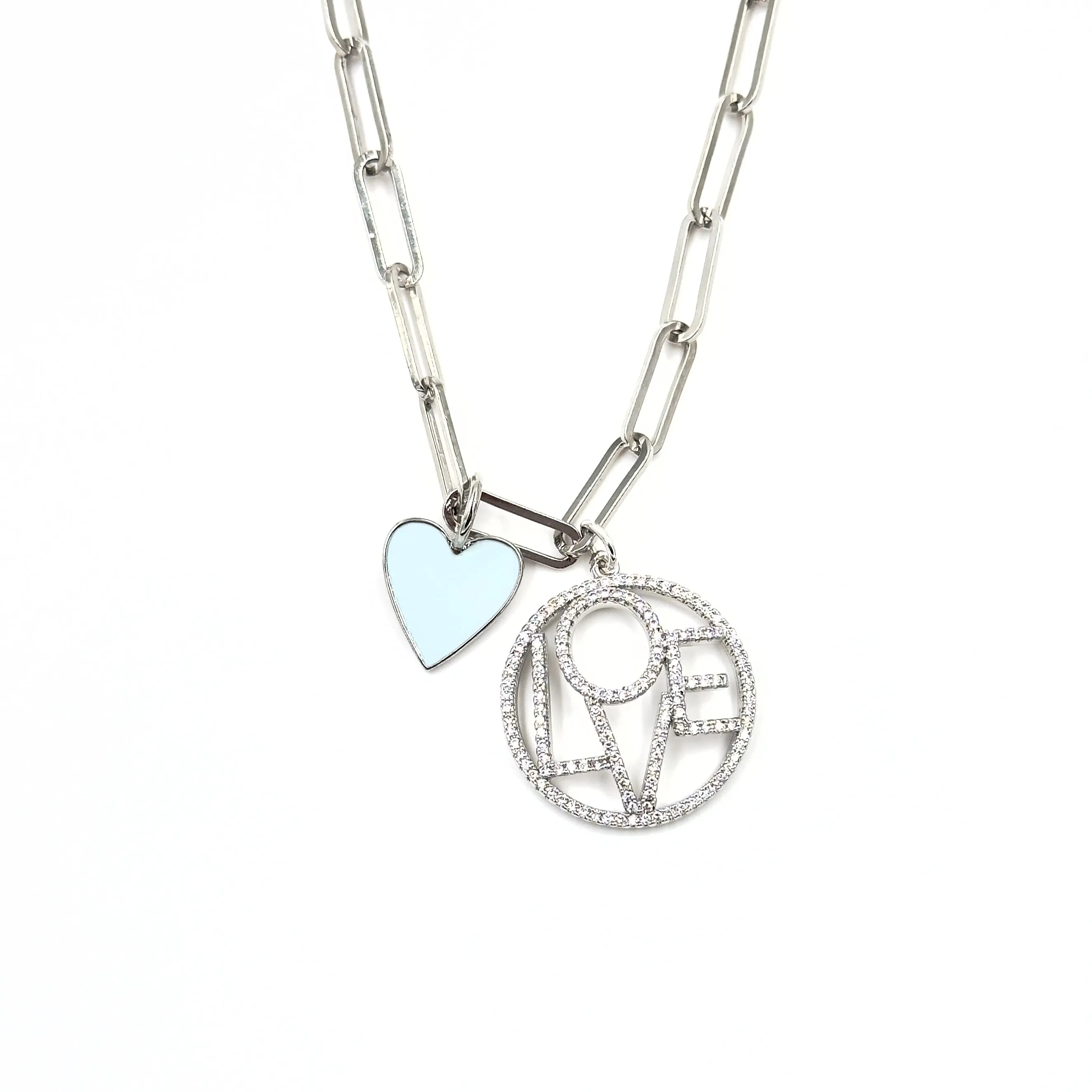 Ashley Gold Stainless Steel Teal Enamel Heart Charm With CZ LOVE Pendant Necklace