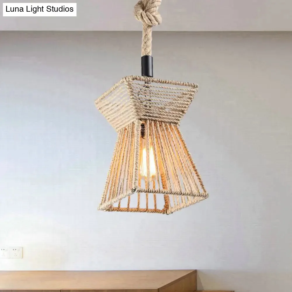 Beige Farmhouse Ceiling Light with Rope Detail - 1-Bulb Pendant Lamp for Coffee Shops - 8" or 15" Wide