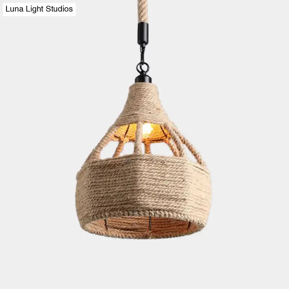 Beige Farmhouse Ceiling Light with Rope Detail - 1-Bulb Pendant Lamp for Coffee Shops - 8" or 15" Wide