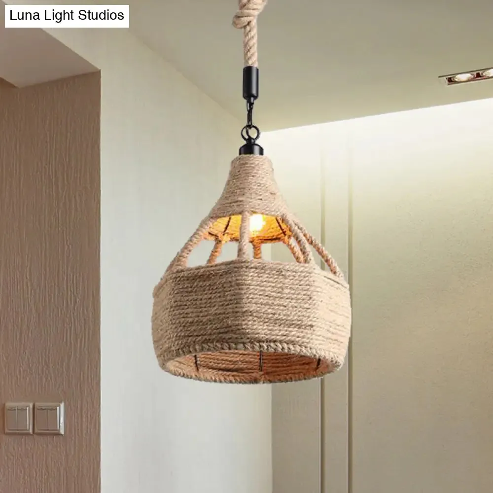 Beige Farmhouse Ceiling Light with Rope Detail - 1-Bulb Pendant Lamp for Coffee Shops - 8" or 15" Wide