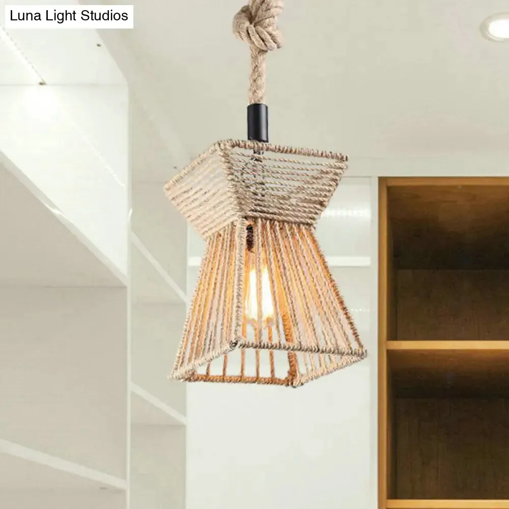 Beige Farmhouse Ceiling Light with Rope Detail - 1-Bulb Pendant Lamp for Coffee Shops - 8" or 15" Wide