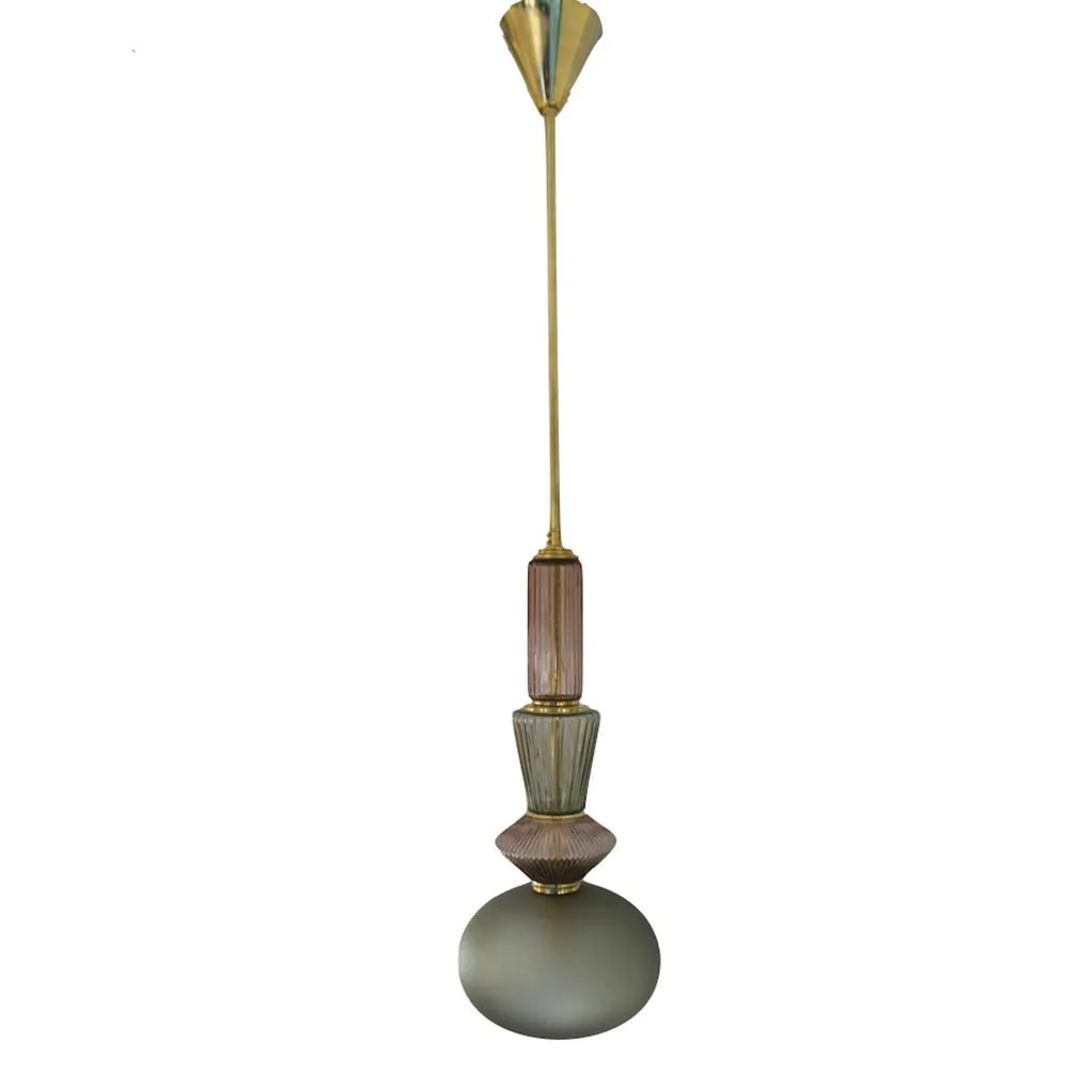 Bespoke Organic Amethyst Gray Green Murano Glass Brass Pendant Lighting