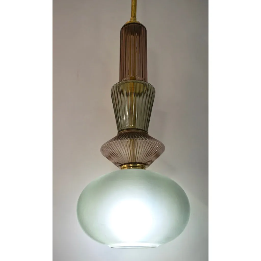 Bespoke Organic Amethyst Gray Green Murano Glass Brass Pendant Lighting