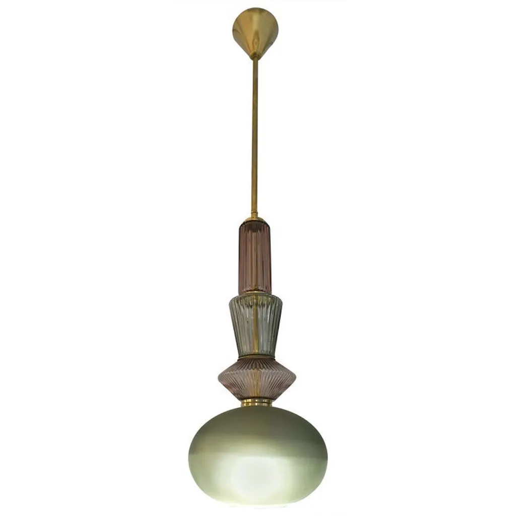 Bespoke Organic Amethyst Gray Green Murano Glass Brass Pendant Lighting