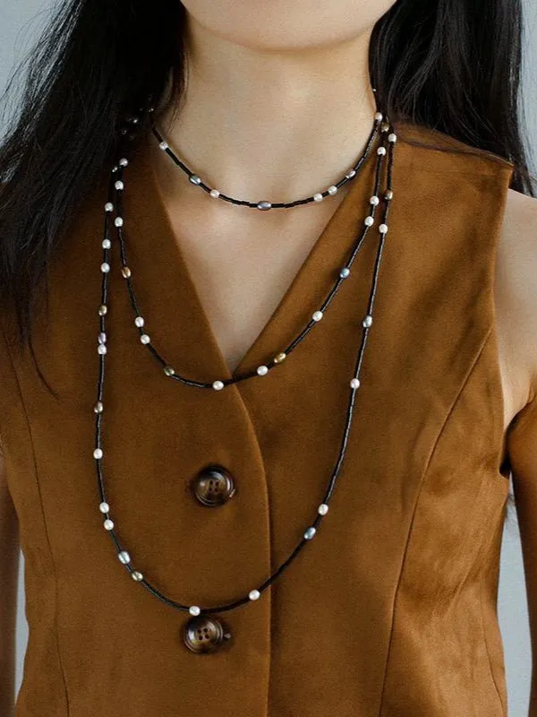 Black Onyx Round Tube Freshwater Pearl Long Necklace