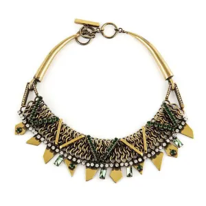 Brass Necklace with Green Rhinestones