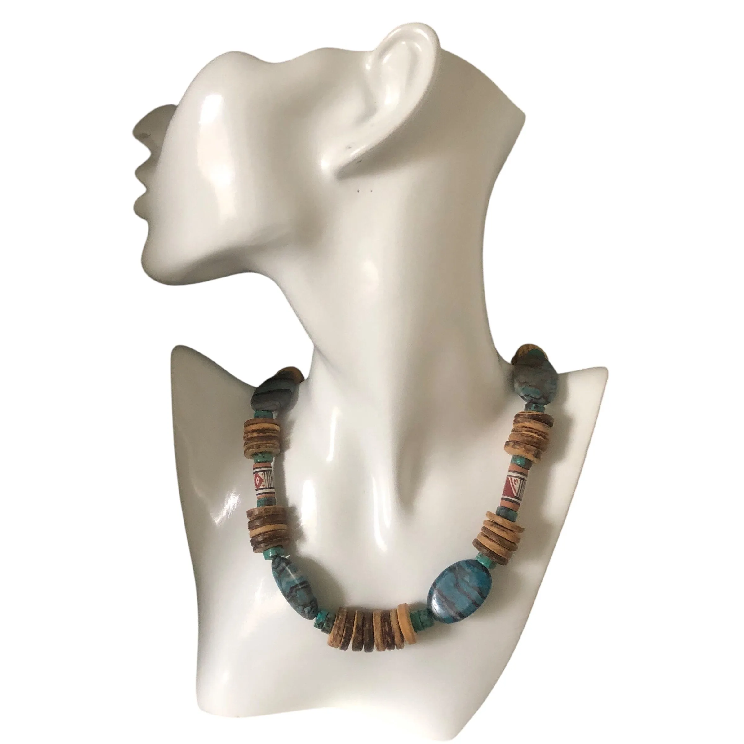 Chrysocolla, Turquoise and Coconut Shell Beaded Necklace