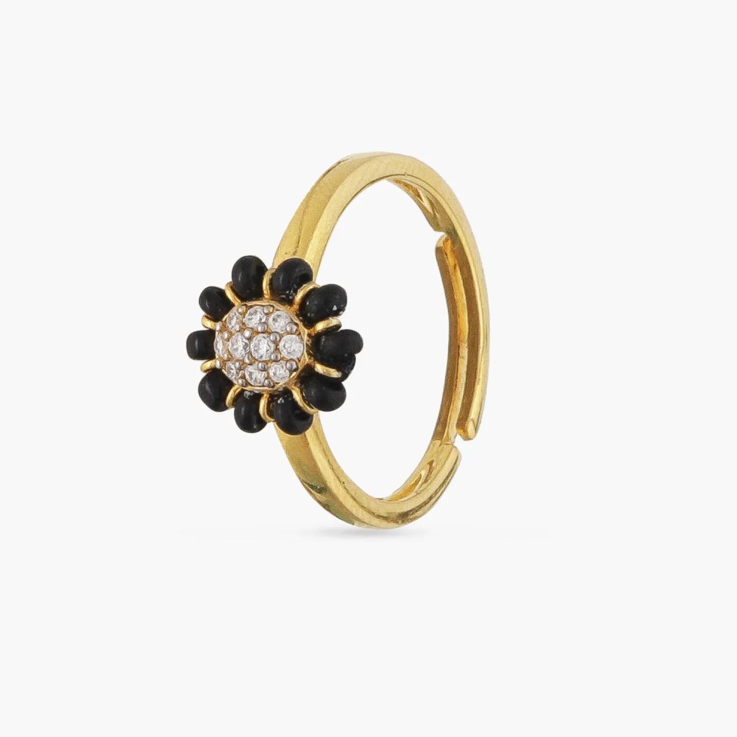 Delicate Floral CZ Silver Black Bead Ring