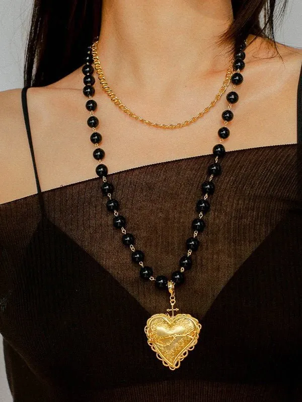 Double Layer Black Agate Large Heart Pendant Chain Necklace