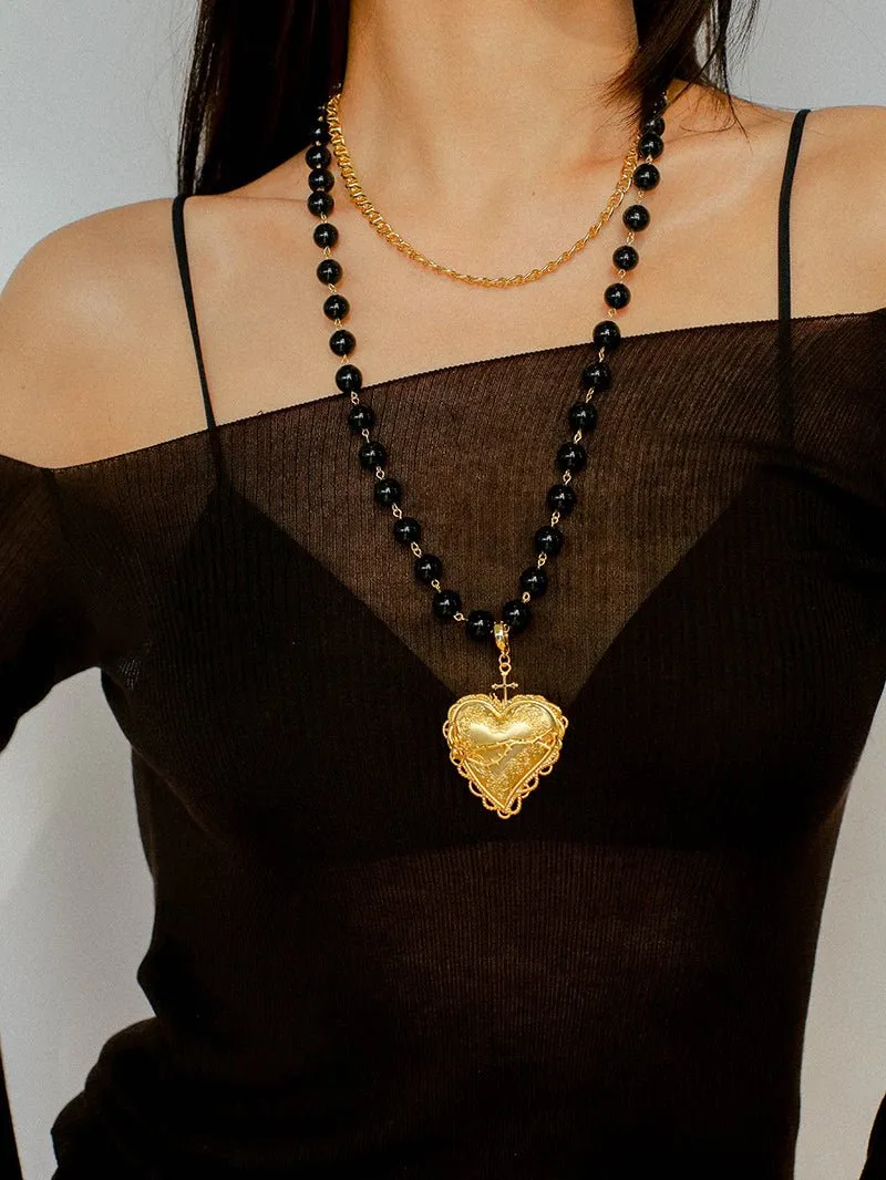 Double Layer Black Agate Large Heart Pendant Chain Necklace