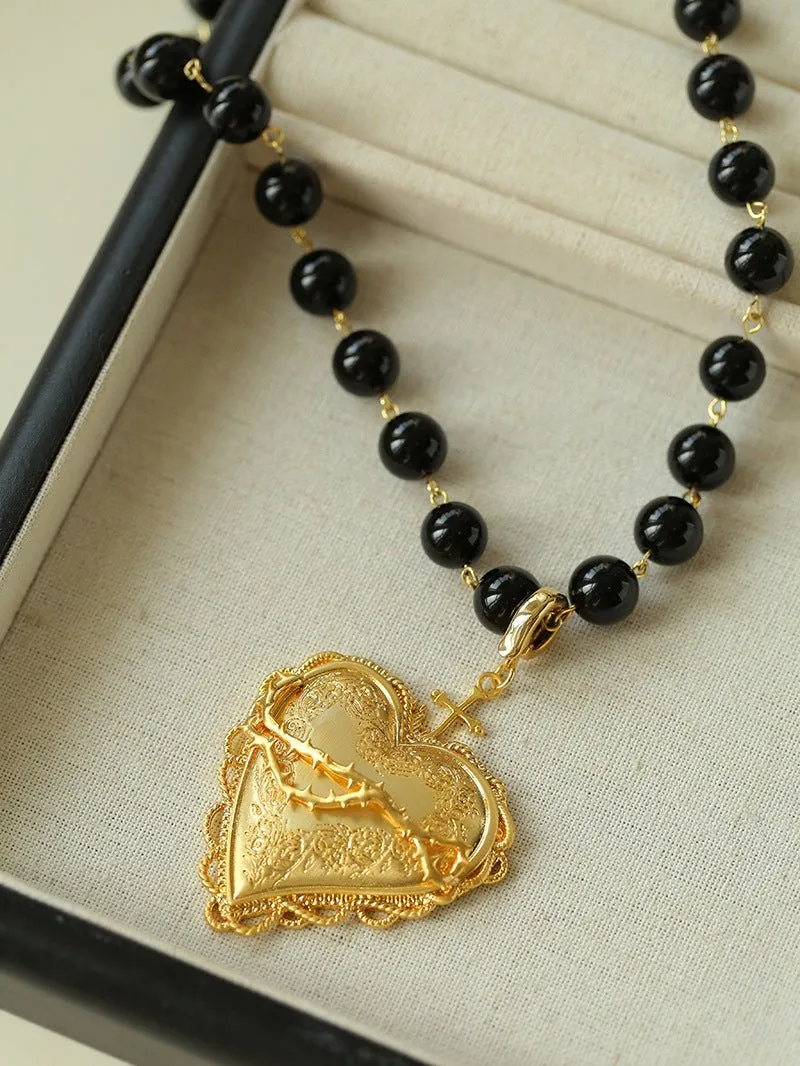 Double Layer Black Agate Large Heart Pendant Chain Necklace