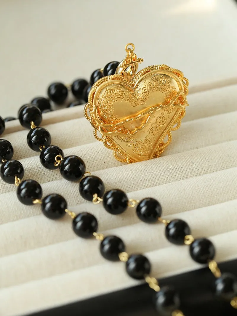 Double Layer Black Agate Large Heart Pendant Chain Necklace