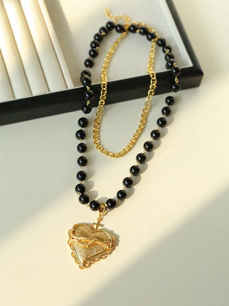 Double Layer Black Agate Large Heart Pendant Chain Necklace