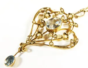 Edwardian 9 ct Gold And Aquamarine Pendant Hallmarked Solid Gold Necklace