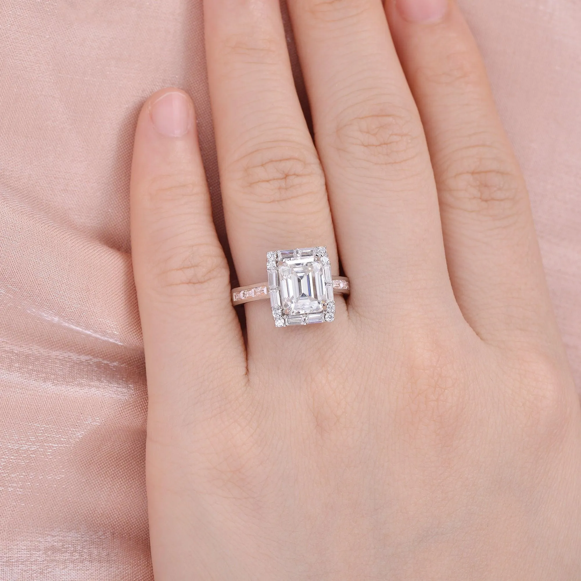 Emerald Cut Moissanite Vintage Engagement Ring