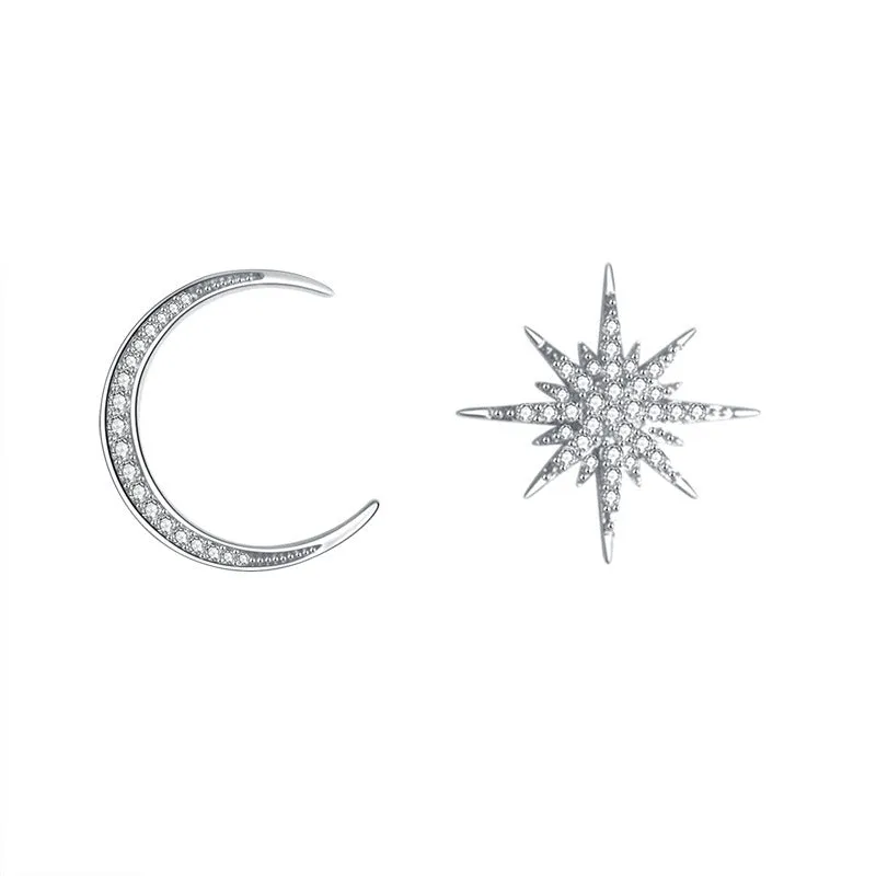 Fashionable and simple S925 silver needle asymmetric full Diamond Star Moon Earrings