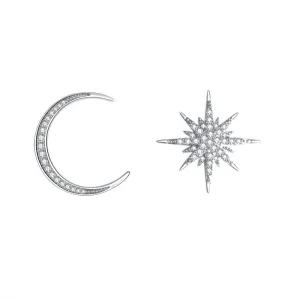 Fashionable and simple S925 silver needle asymmetric full Diamond Star Moon Earrings