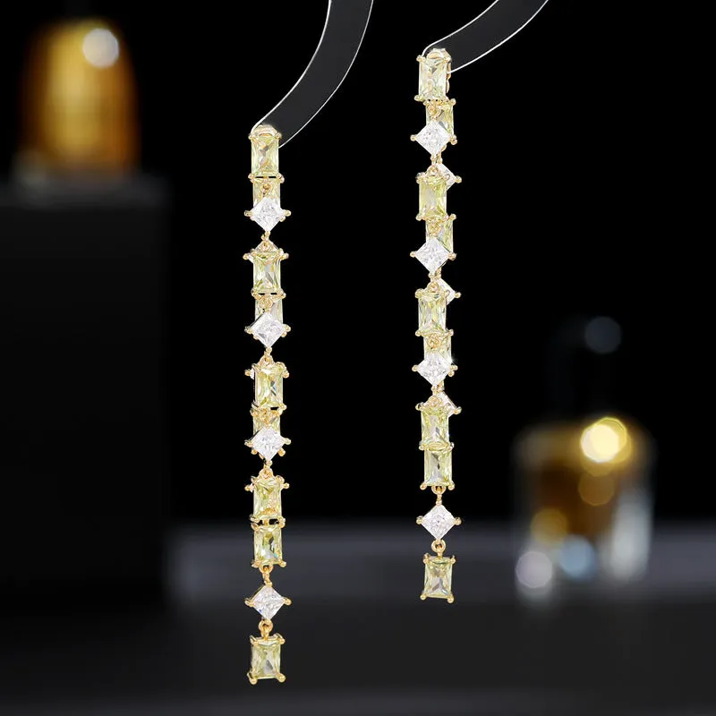 Geometric ultra-shiny rectangular zircon long detachable two-way tassel earrings