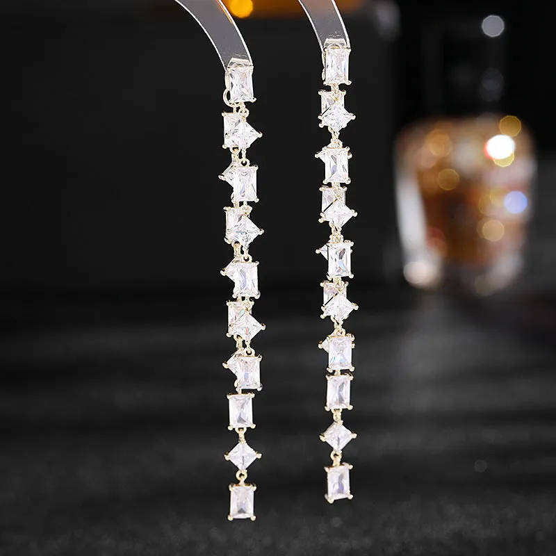 Geometric ultra-shiny rectangular zircon long detachable two-way tassel earrings