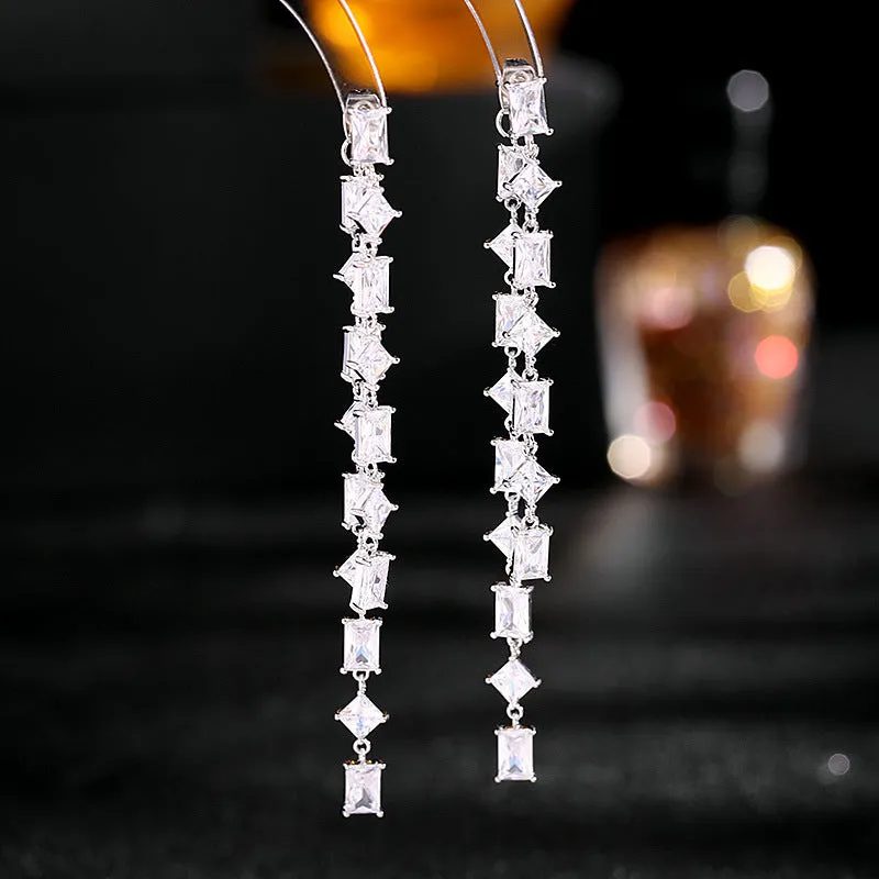 Geometric ultra-shiny rectangular zircon long detachable two-way tassel earrings