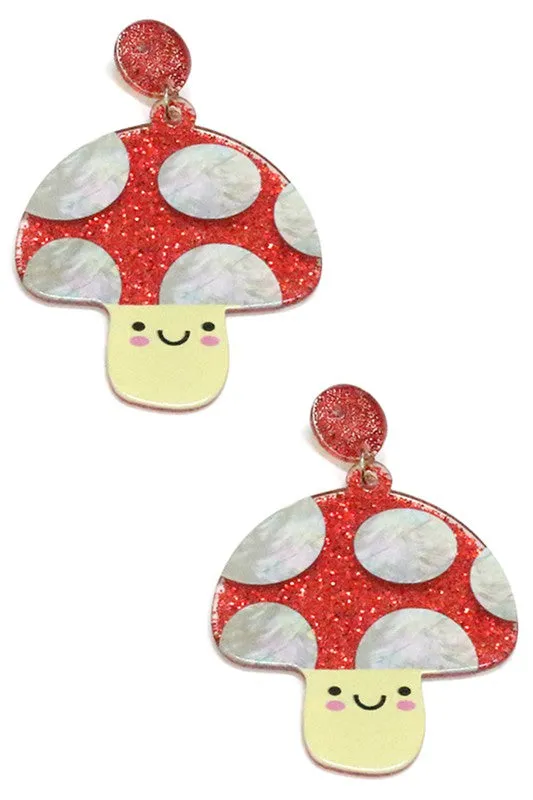 Glittery Acrylic Smiling Mushroom Drop Earrings