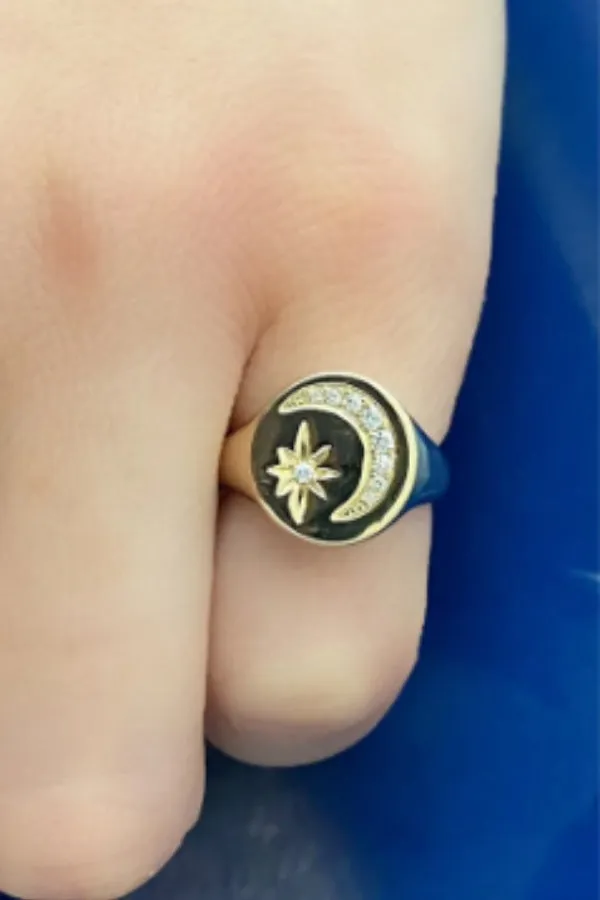 Gold Diamond Moon Star Pinky Ring