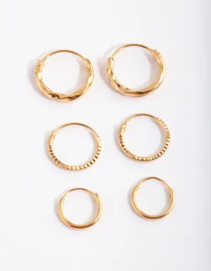 Gold Plated Sterling Silver Graduating Textured Hoop Earring Pack