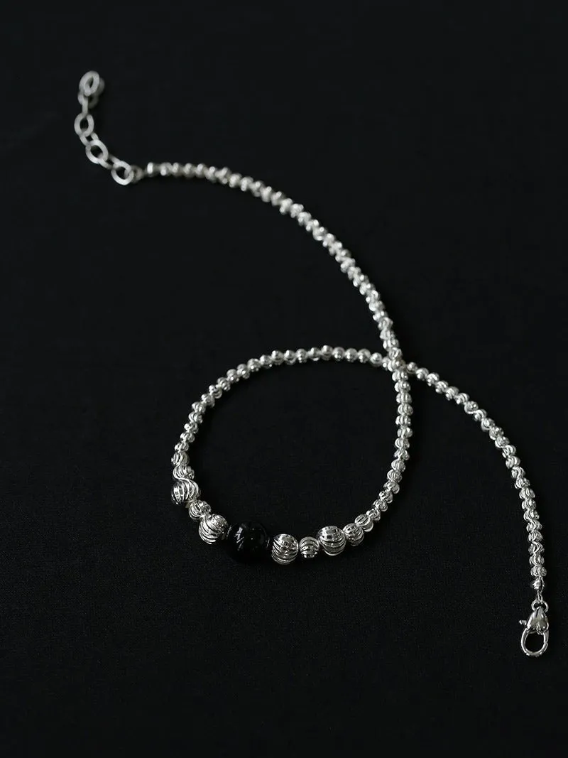 Graduated Silver Bean and Onyx Necklace