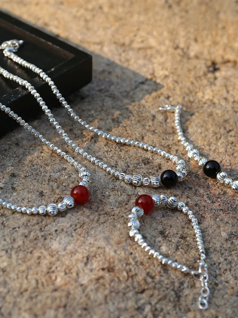 Graduated Silver Bean and Onyx Necklace