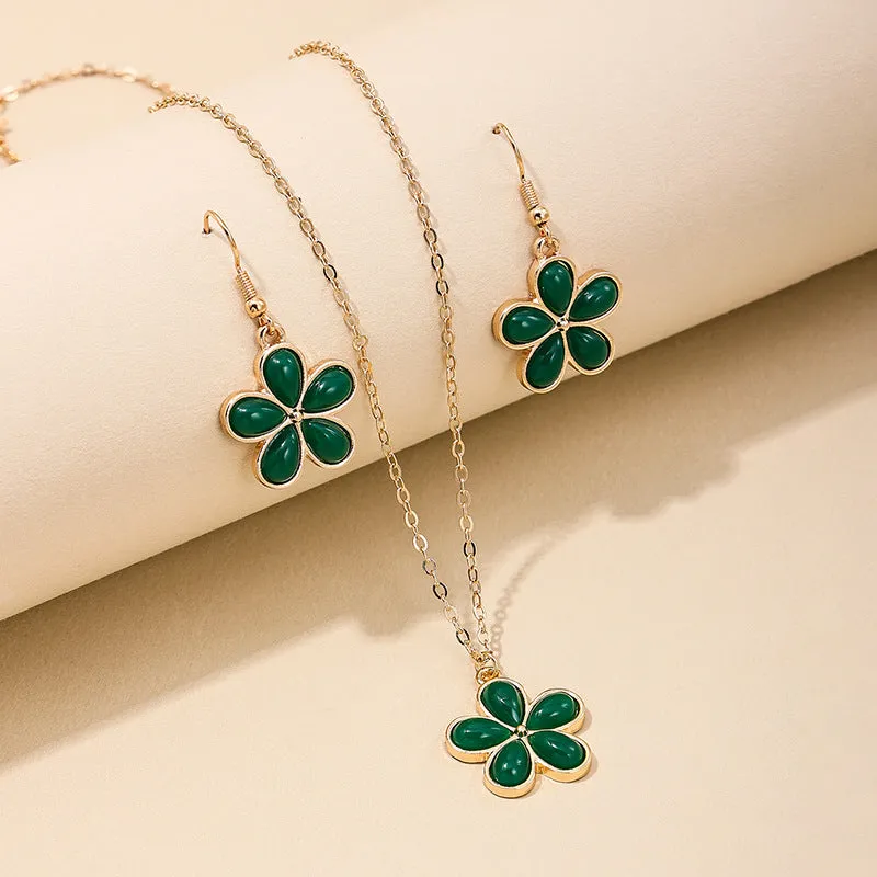 Green Lucky Grass Floral Jewelry Set - Chinese Style Necklace and Earrings Set